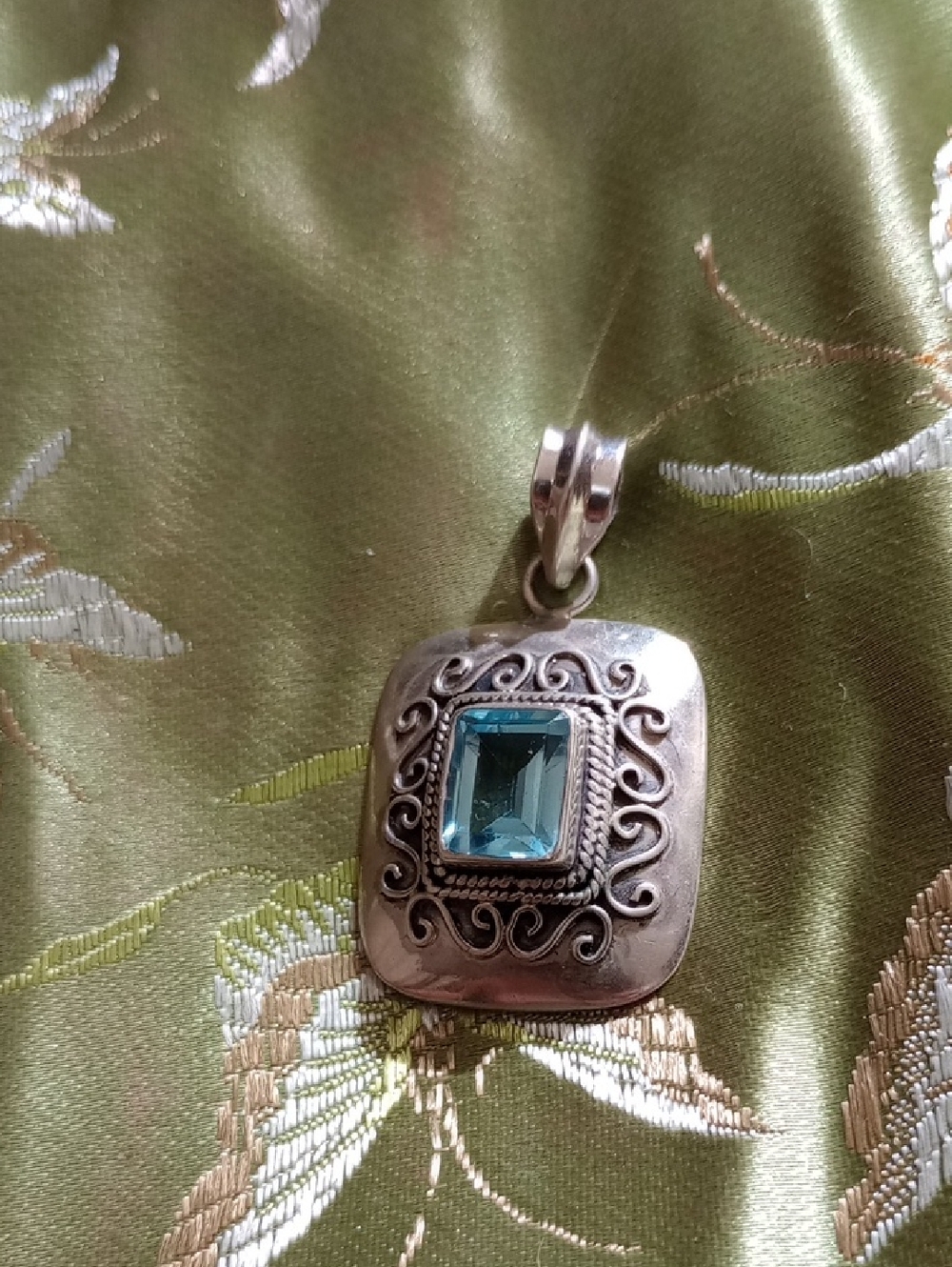 Sterling Silver Blue Topaz  Rectangular Pendant